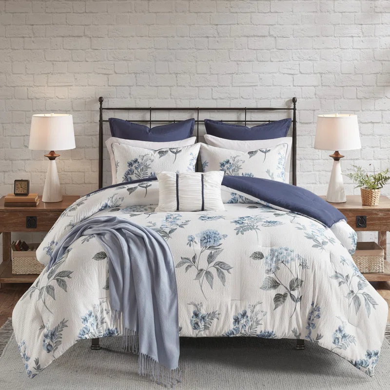 Zennia 7 Piece Seersucker Floral Comforter Set with Throw Blanket