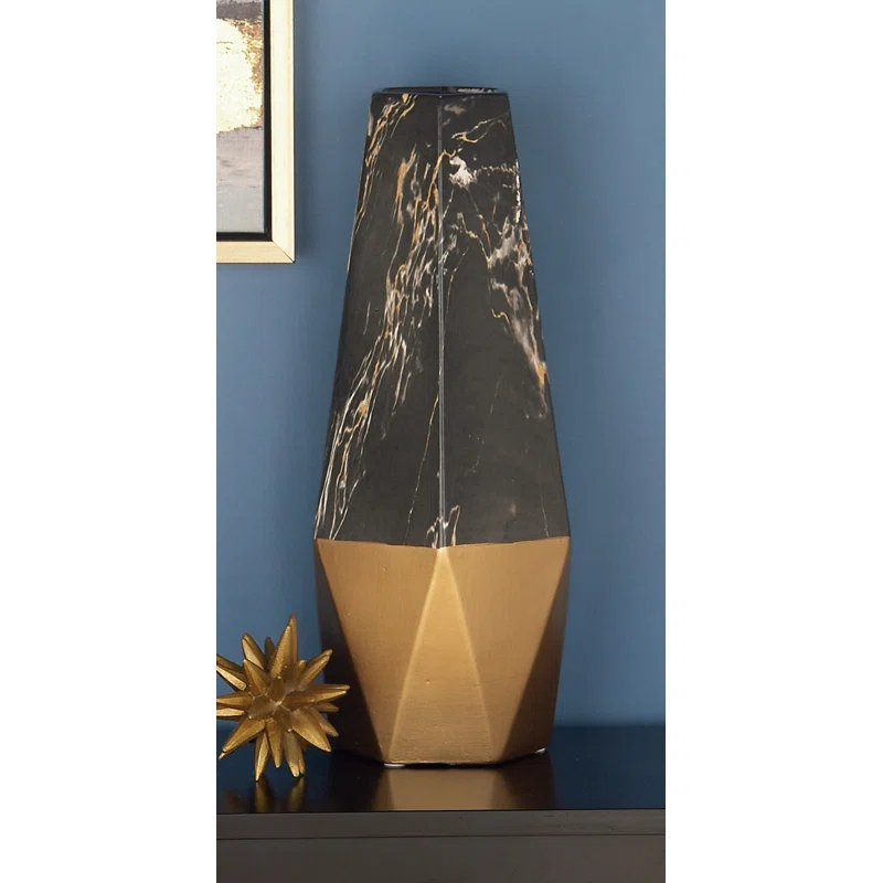 Mercer41 Bhavya Ceramic Faux Marble Decorative Dark Gray Vase with Gold Base