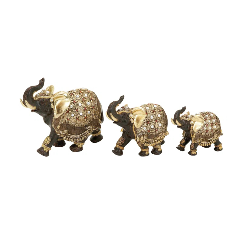 World Menagerie Alfhild Polystone Handmade Decorated Elephant Gold Sculpture with Ornate Dresswear and Pearl Accents Set