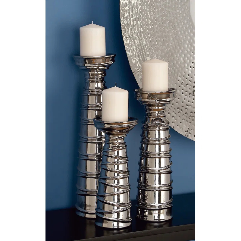 Mercer41 Ceramic Abstract Wrapped Decorative Silver Candle Holder Set