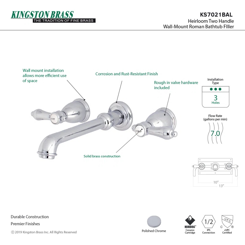 Kingston Brass Heirloom Two-Handle 3-Hole Wall Mount Roman Tub Faucet