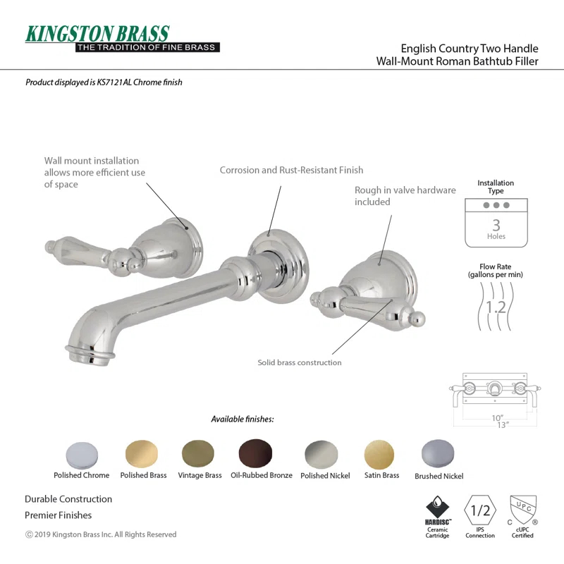 Kingston Brass English Country Two-Handle 3-Hole Wall Mount Bathroom Faucet