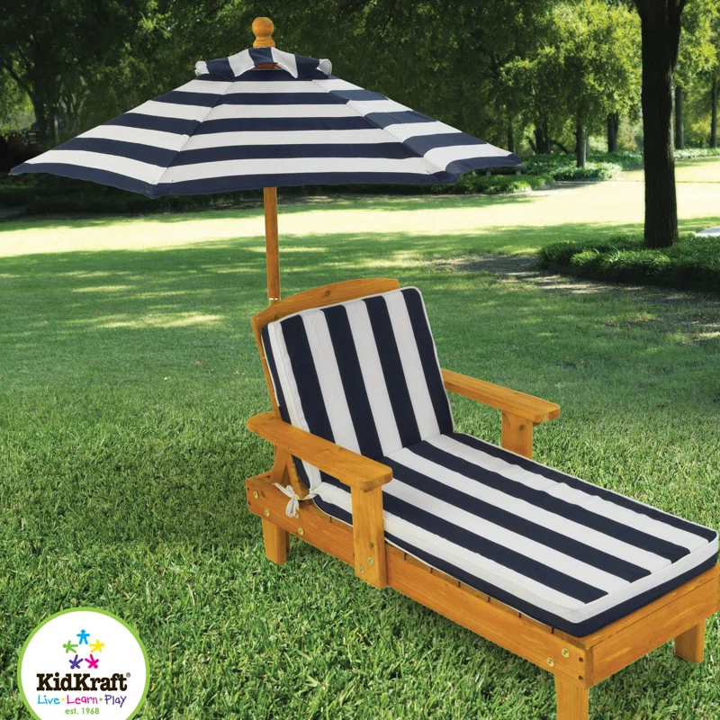 KidKraft Outdoor Wood Chaise Children's Chair with Umbrella and Cushion, Navy and White