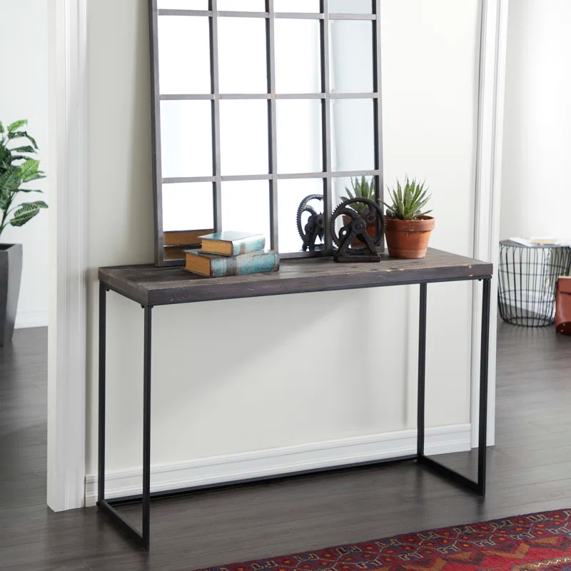 Union Rustic Corneau Wood Minimalistic Dark Brown Console Table with Black Metal Legs