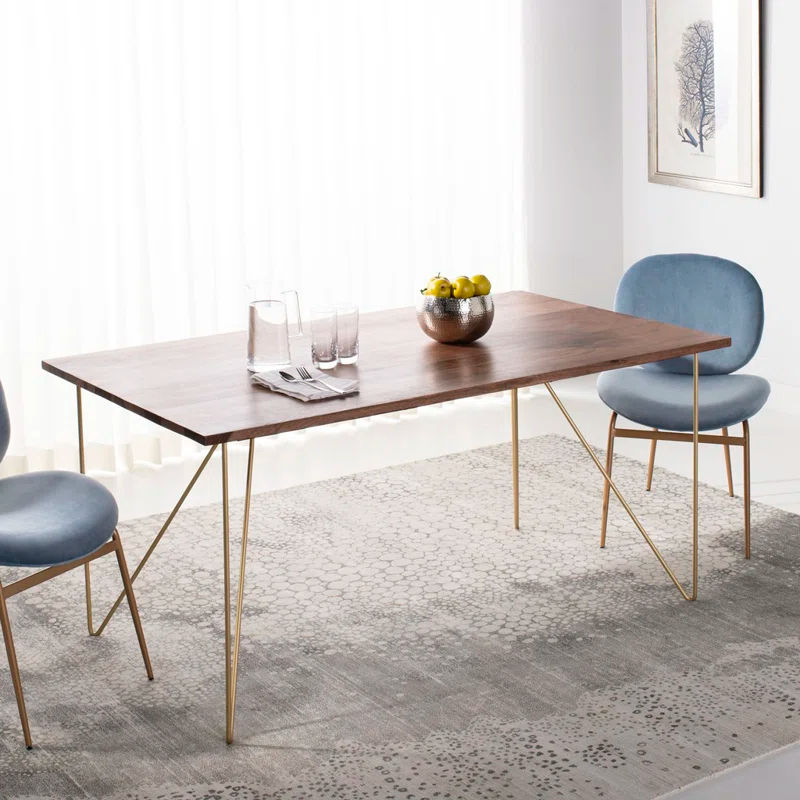 Millwood Pines Abrienda Walnut Solid Wood Top Metal Base Dining Table
