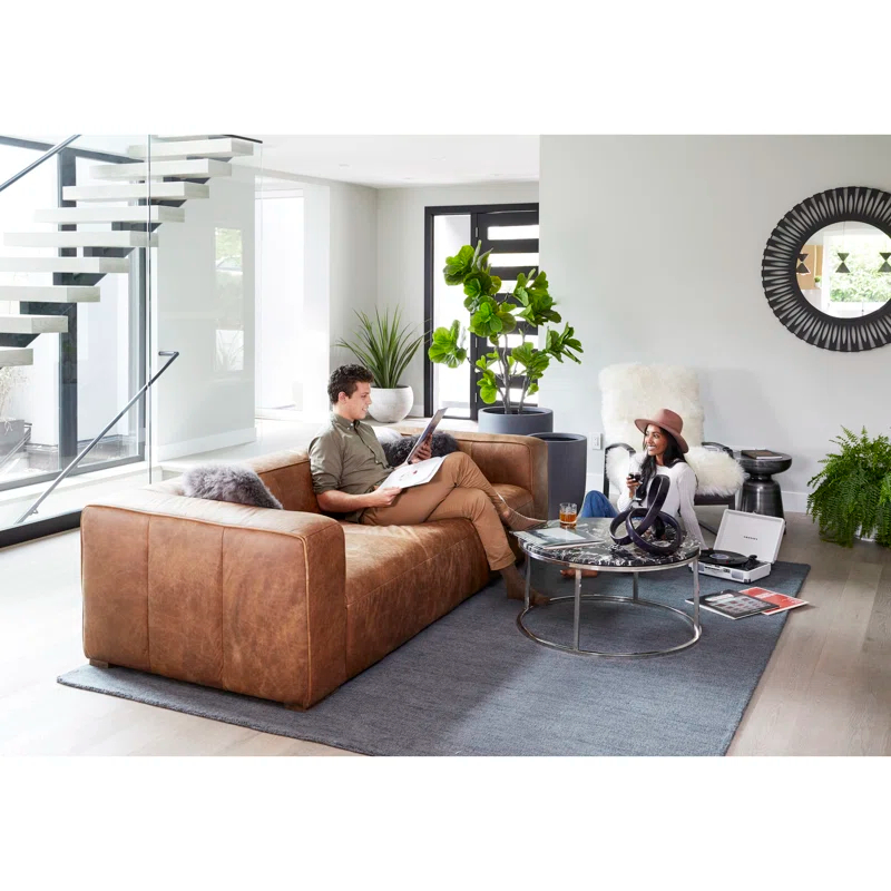 White Top Grain Leather and Iron Armchair