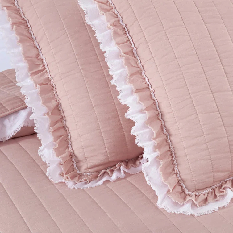 Chezmoi Collection Bonnie Double Frayed Ruffled Edge Cotton Quilt Set