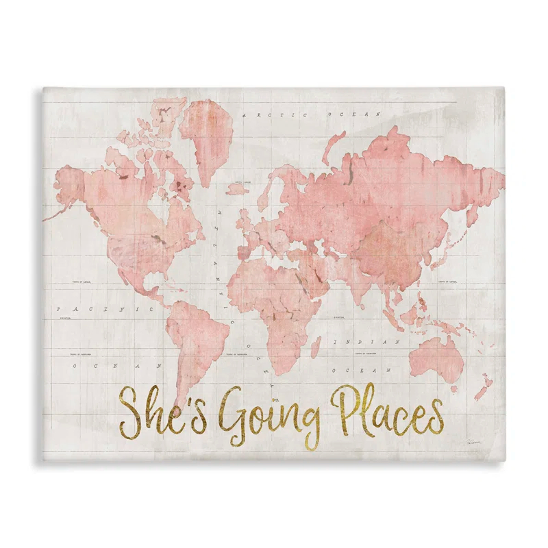 Stupell Industries She's Going Places Quote Pink Watercolor World Map by Sue Schlabach - Print