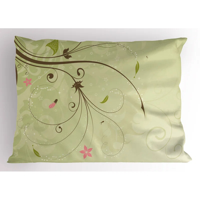 Ambesonne Green and Brown Pillow Sham 2 Pack Swirls Lines Petal Pale Green Brown Pink