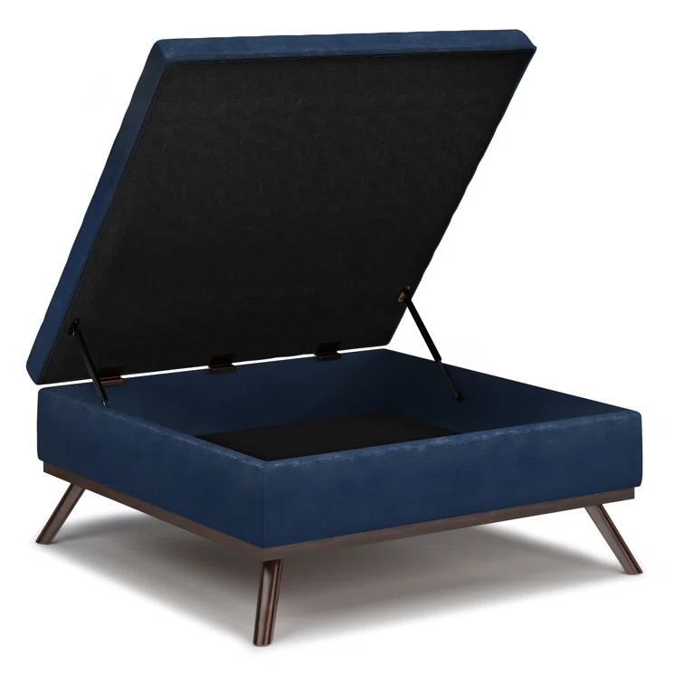 Simpli Home Owen 36"W Upholstered Square Coffee Table Storage Ottoman with Lift Top and Solid Wood Legs