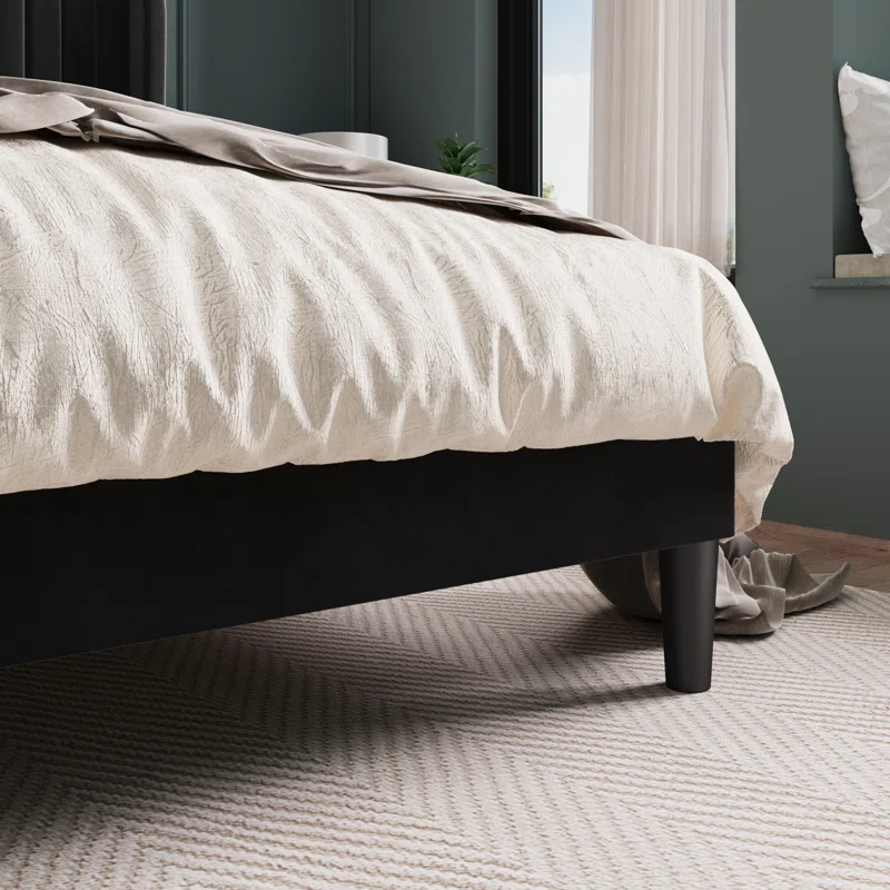 Candler Velvet Upholstered Platform Bed with Wingback Headboard and Wooden Slats