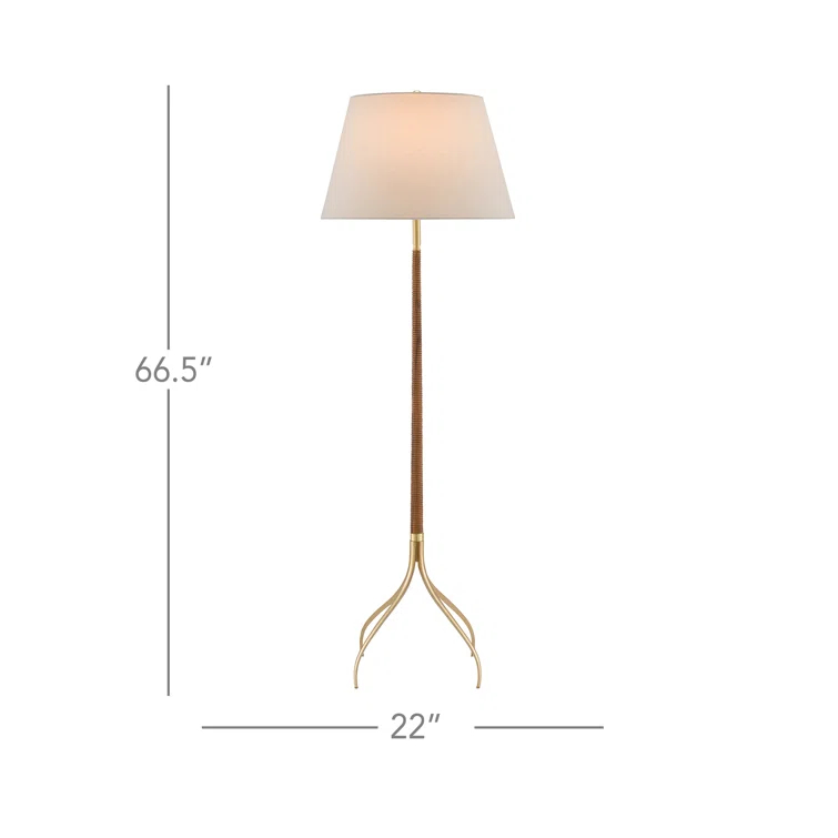 Natural Wood and Brushed Brass Floor Lamp with Off-White Linen Shade