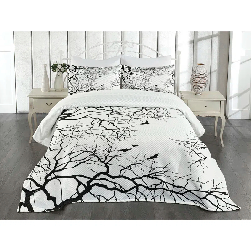 Ambesonne Ambesonne Nature Bedspread Set Twiggy Tree Branches Black and White