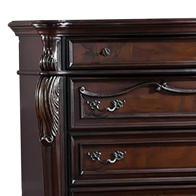 Benjara Venta Tall Dresser Chest, 5 Drawers, Carved Details Cherry Brown Solid Wood | Wayfair