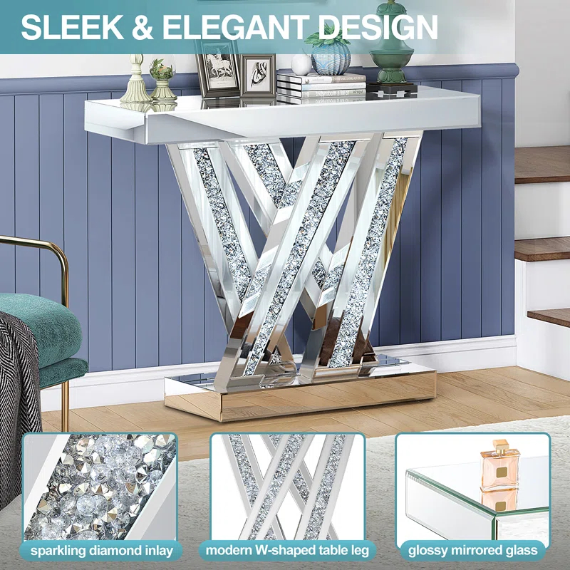 Modern Entryway Console Table With Crushed Diamond Inlay, 35" Silver Mirrored Glass Hallway Table For Entryway, Glam Decorative Sofa Tables For Living Room
