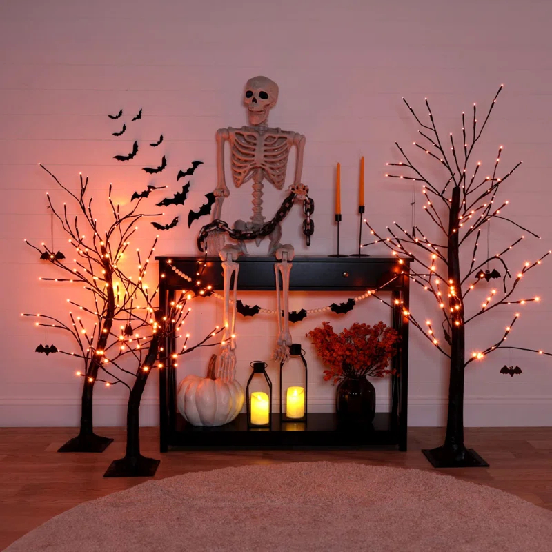 Haunted Hill Farm Haunted Hill Farm Set of 3 Halloween Trees with Bats and Orange LED Lights, 3-ft., 4-ft., and 5-ft.