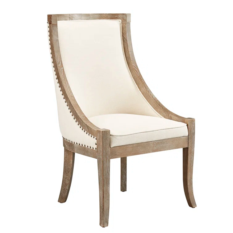 Transitional Soft Driftwood Linen Side Chair with Brass Nail Heads