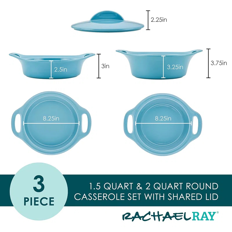 Adeco Trading Solid Glaze Ceramics Casserole Bakeware/Baker Set With Shared Lid, 3 Piece