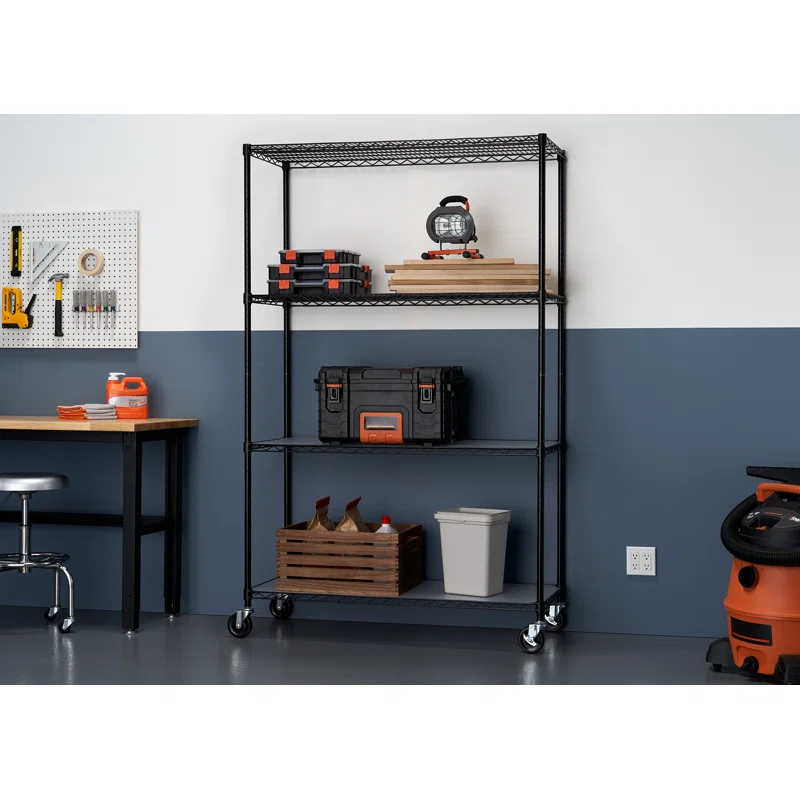 TRINITY Black 4-Tier NSF Rolling Steel Wire Shelving Unit w/ Liners & Wheels (48 in. W x 18 in. D)