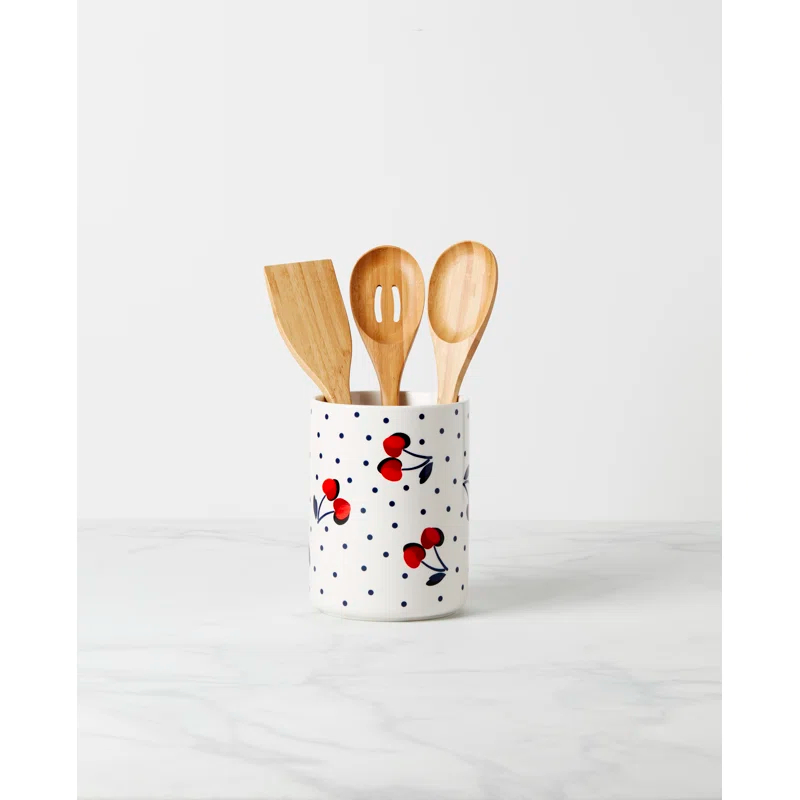 Vintage Cherry Dot Earthenware Utensil Storage Set