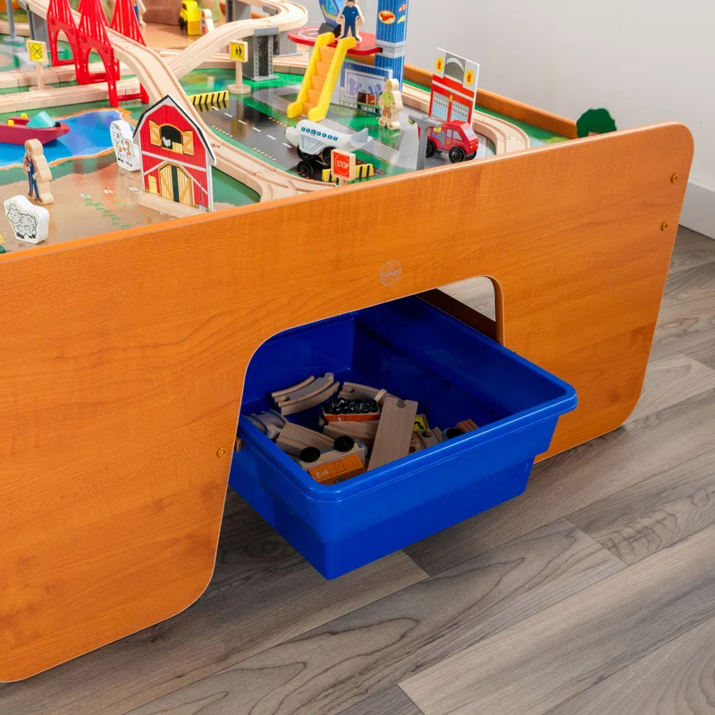 KidKraft Ride Around Town Wooden Train Set And Table With Storage Bins And 100 Pieces, Honey