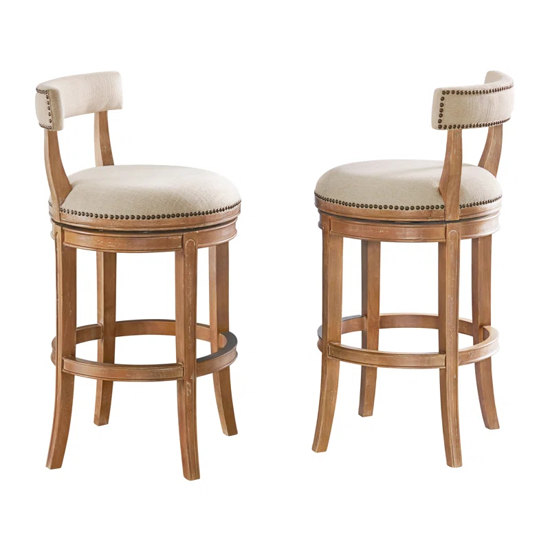 Alaterre Hanover Swivel Bar Height Stool, Weathered Brown and Beige, Solid Rubberwood Frame with Faux Linen Upholstered Seat, Nailhead Trim, Memory Return Swivel, 20 in. W x 22 in. D x 41 in. H