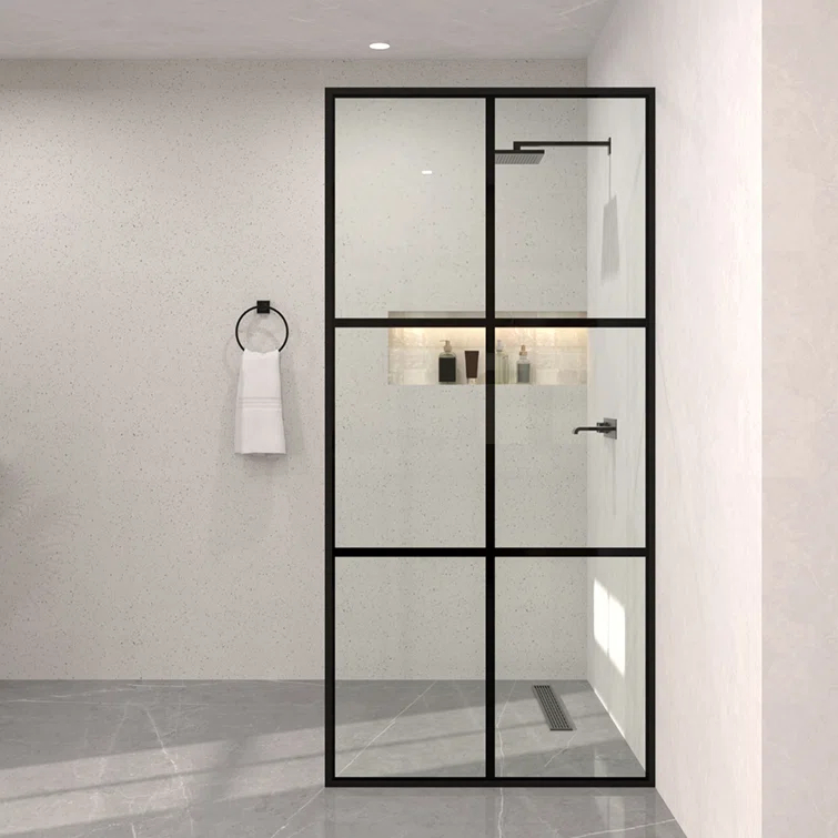 Hermitage Bath Hilma 34 In. W X 72 In. H Fixed Framed Shower Door In Matte Black Finish With Patterned Glass 1010A-HBMB