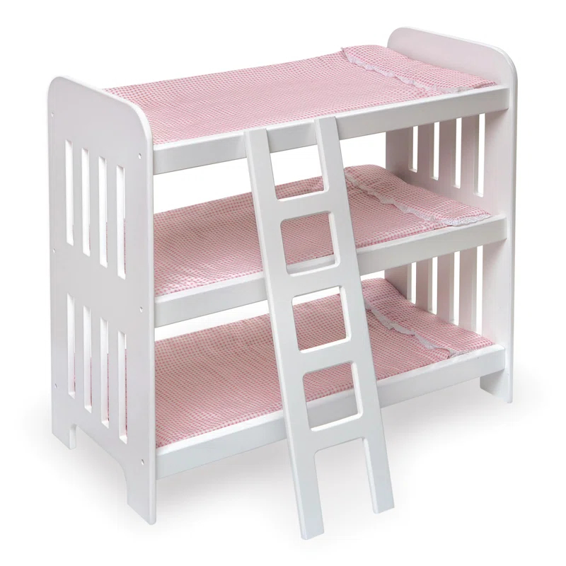 Badger Basket Triple Doll Bunk Bed with Ladder, Bedding, and Free Personalization Kit - Pink Gingham