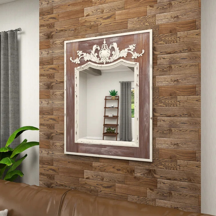 Ophelia & Co. Eberhart Wood Vintage Inspired Acanthus Scroll Floral Brown Wall Mirror with Distressed Cream Accents