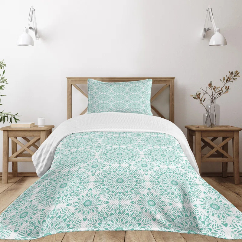 Ambesonne Ambesonne Mandala Bedspread Set Oriental Swirls Aqua and White