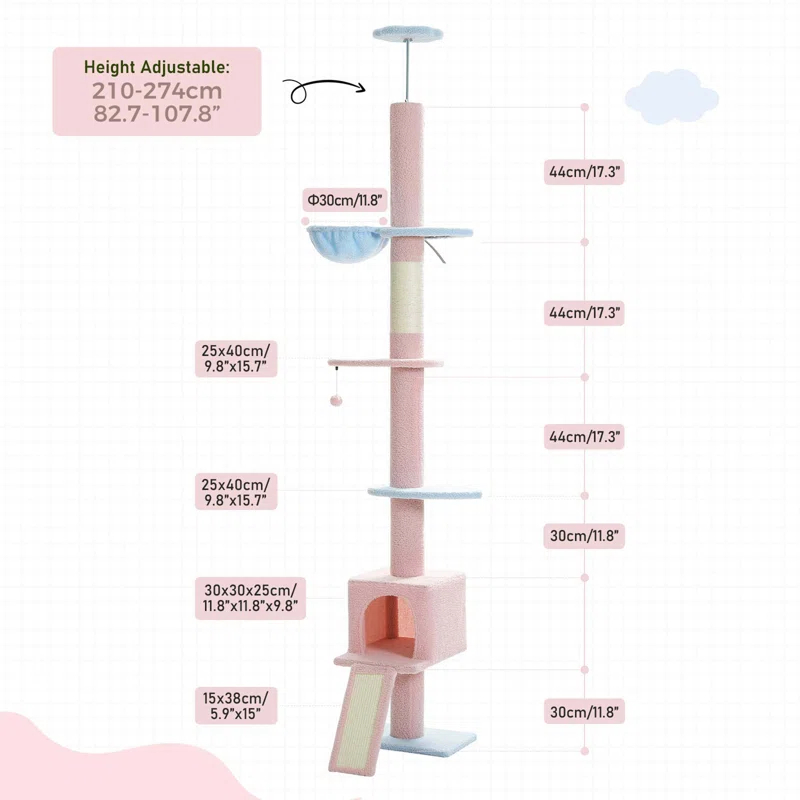 Adjustable Height Floor To Ceiling 5-Tier Tall Cat Tree Tower For Indoor Cats With Cat Condo, Cat Scratching Post And Cat Ladder
