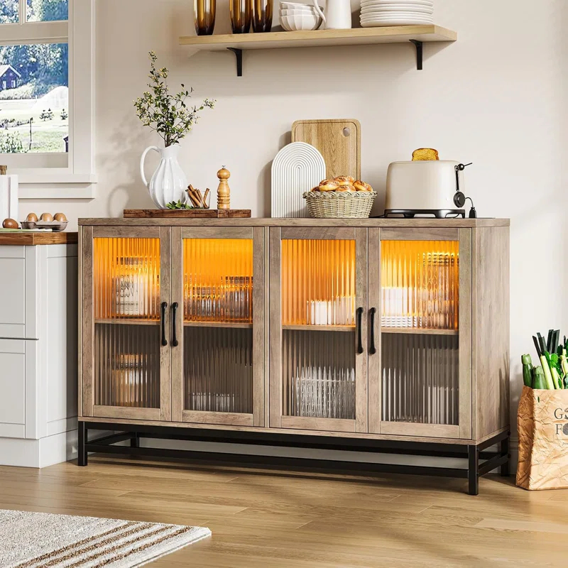Wrought Studio™ Sideboard Buffet Storage Cabinet, Wood Accent Kitchen Coffee Bar Cabinet With 4 Doors And Adjustable Shelves For Kitchen, Dining Room, Hallway, Living Room