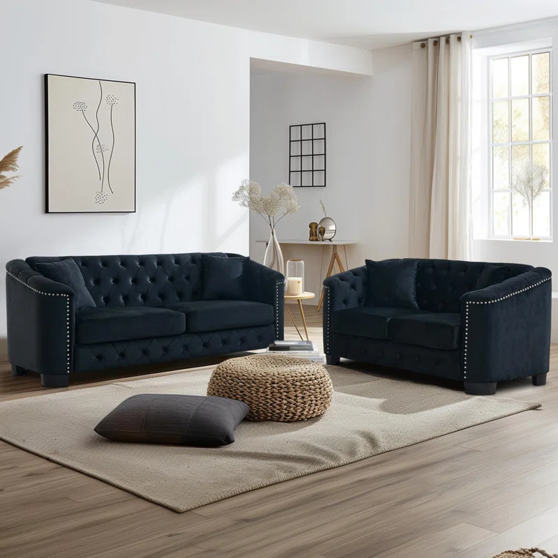 House of Hampton® House of Hampton® 2 Piece Chesterfield Sofa Set, Upholstered 77" Velvet 3 Seater Sofa + 59" Velvet Loveseat