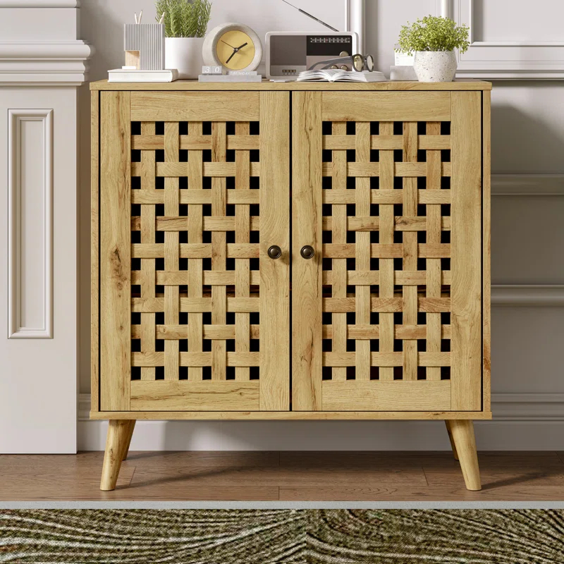 Vintage Storage Cabinet With 2 Basket Weave Wooden Doors