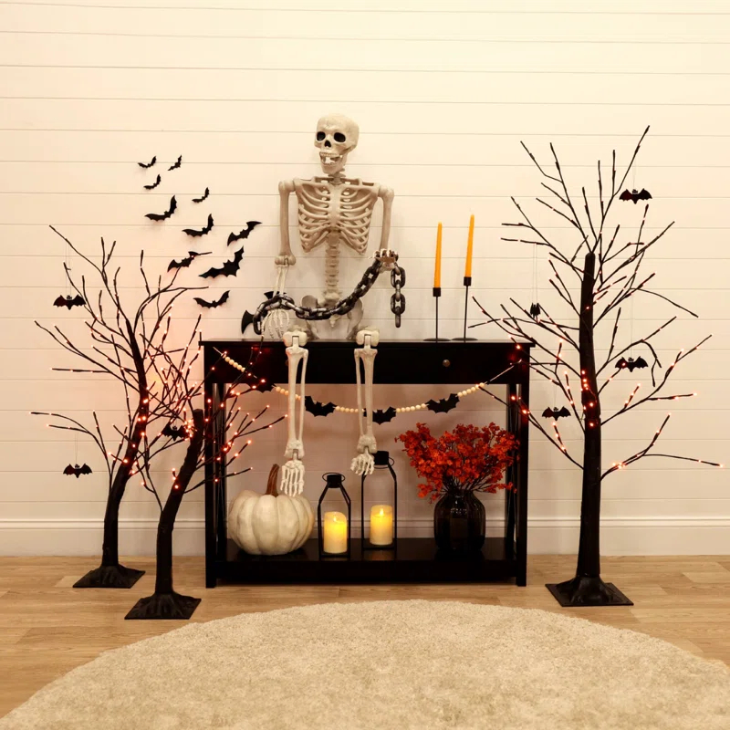 Haunted Hill Farm Haunted Hill Farm Set of 3 Halloween Trees with Bats and Orange LED Lights, 3-ft., 4-ft., and 5-ft.