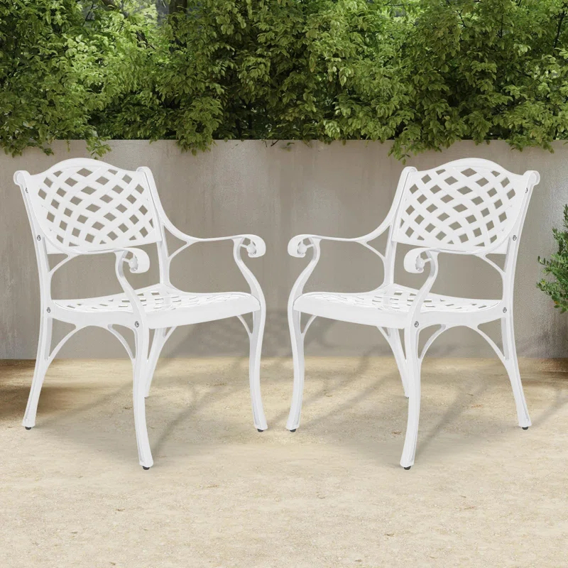 One Allium Way® 2 Piece Patio Dining Chairs, Outdoor All-Weather Cast Aluminum Chairs, Patio Bistro Dining Chair Set Of 2 For Garden Deck Backyard, Lattice Weave Design, White