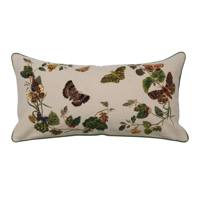 Creative Co-Op Cotton Lumbar Pillow with Butterflies, Flowers, Embroidery, and Piping