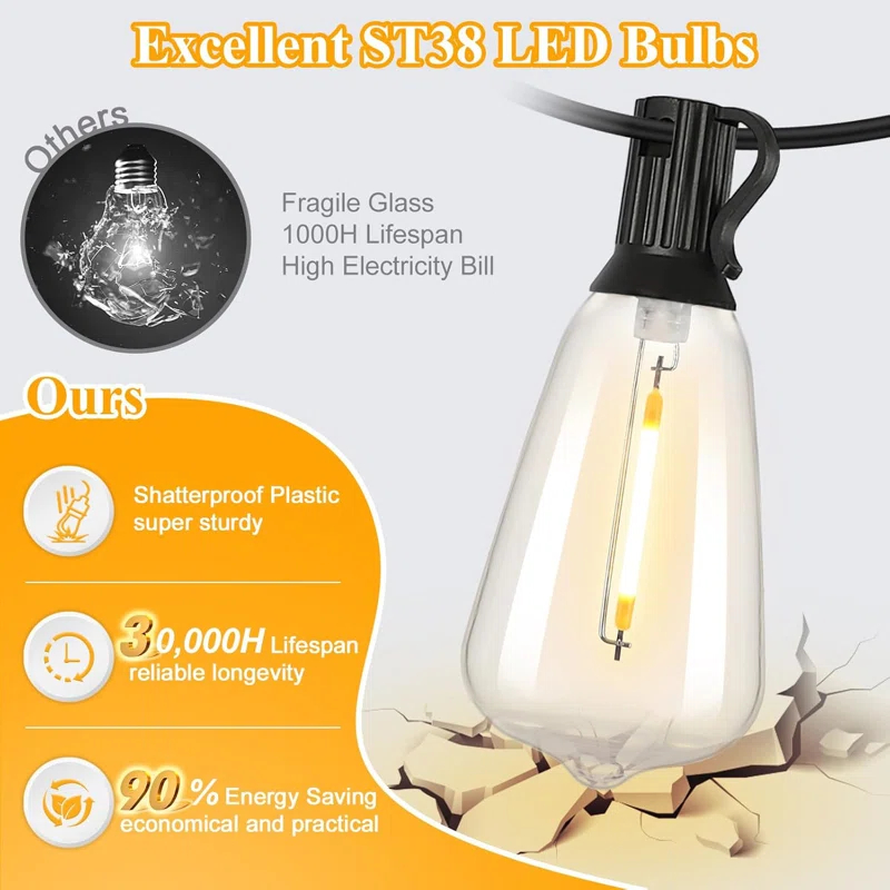 Arlmont & Co. Arlmont & Co. LED Outdoor String Lights 100FT Patio Lights With 52 Shatterproof ST38 Vintage Edison Bulbs
