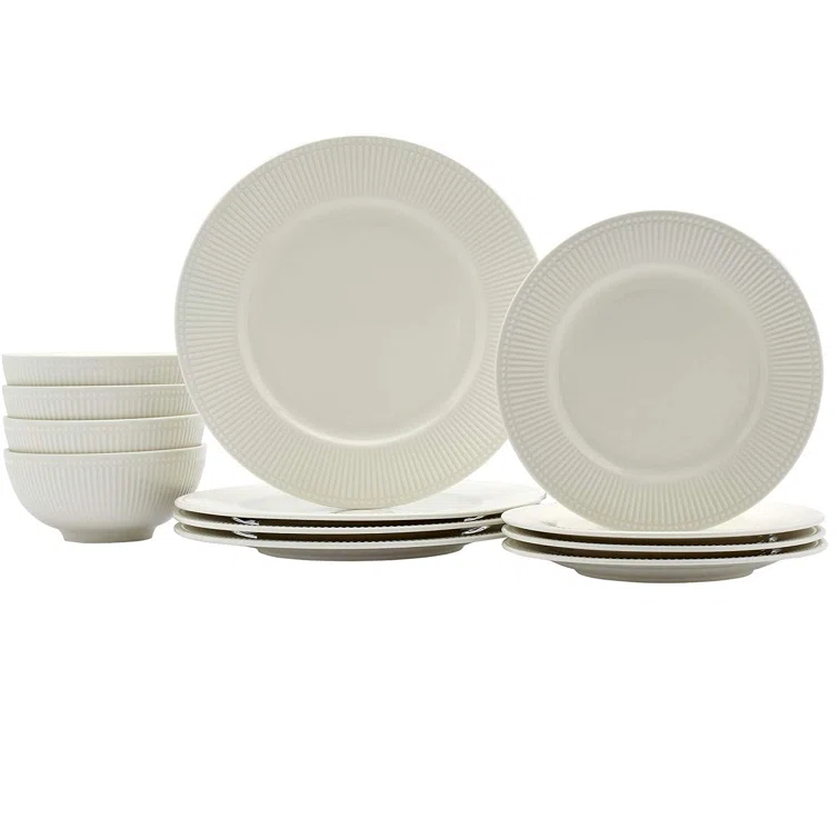 Tabletops Gallery Ivory Dinnerware 12 Piece Set Embossed Bone White Porcelain (Dinner Plate, Salad Plate, Cereal Bowl)