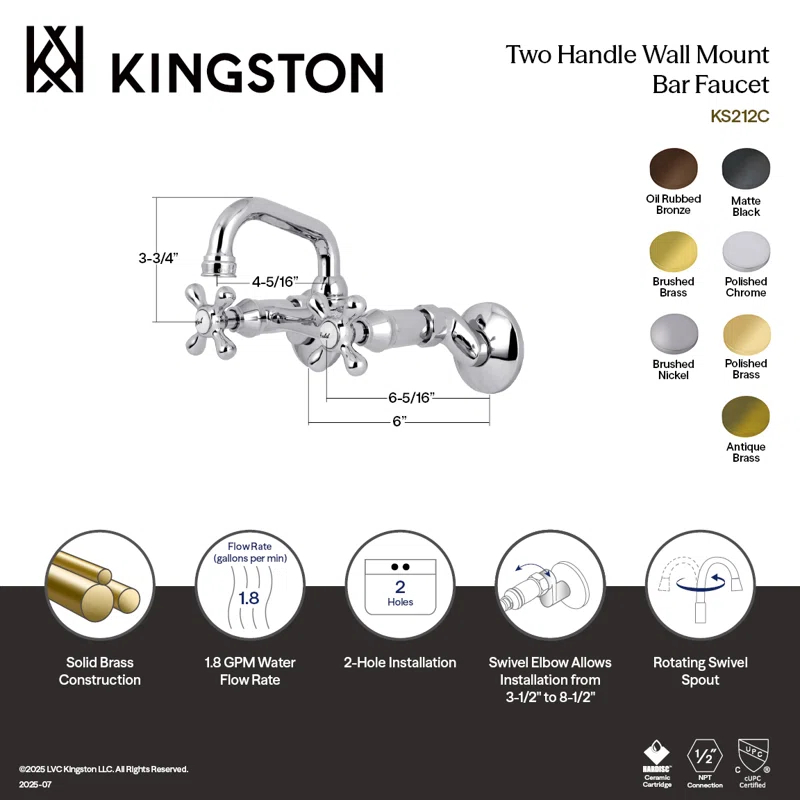 Kingston Brass Kingston Brass Kingston Two-Handle 2-Hole Wall Mount Bar Faucet KS212SB