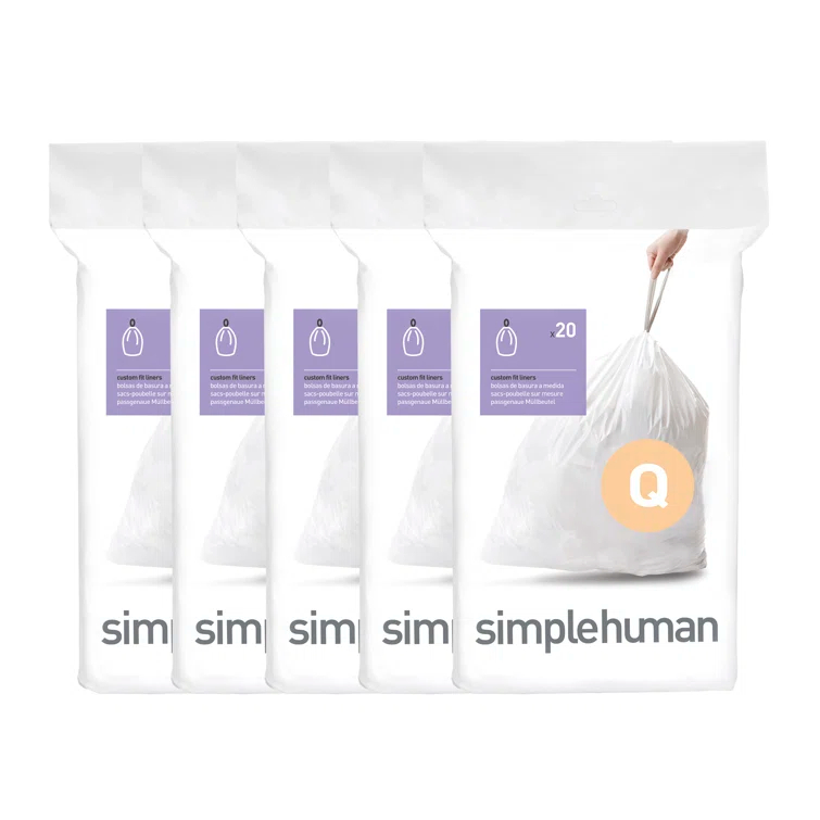 simplehuman simplehuman Code Q Genuine Custom Fit Drawstring Trash Bags Dispenser Packs, 100 Count (Set of 5)