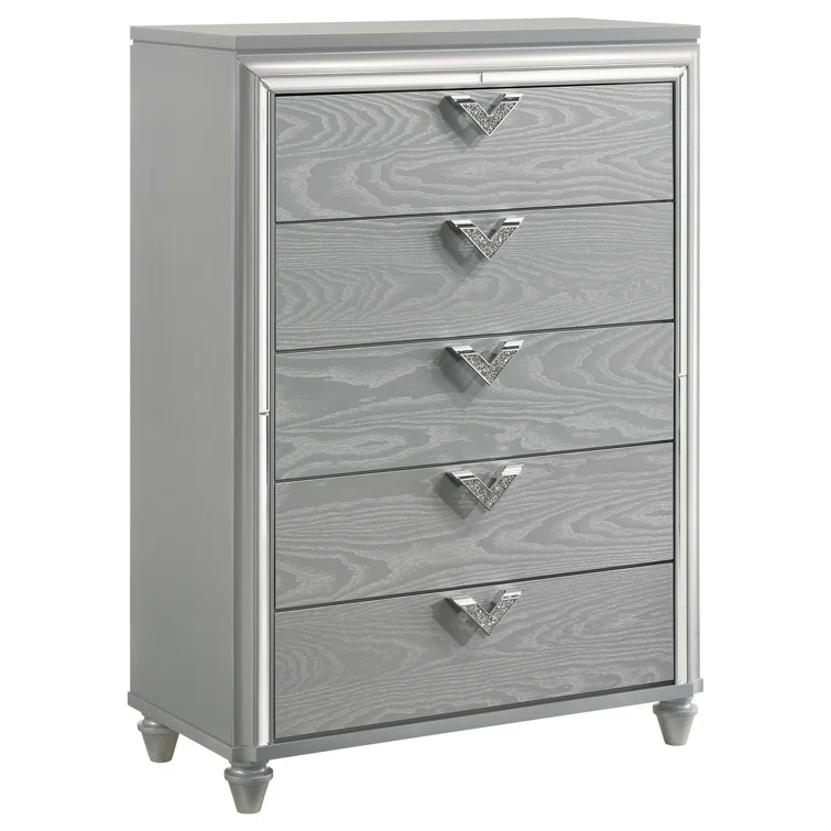 Benjara Haley Tall Dresser Chest, V Shaped Glittering Metal Handles, Light Silver