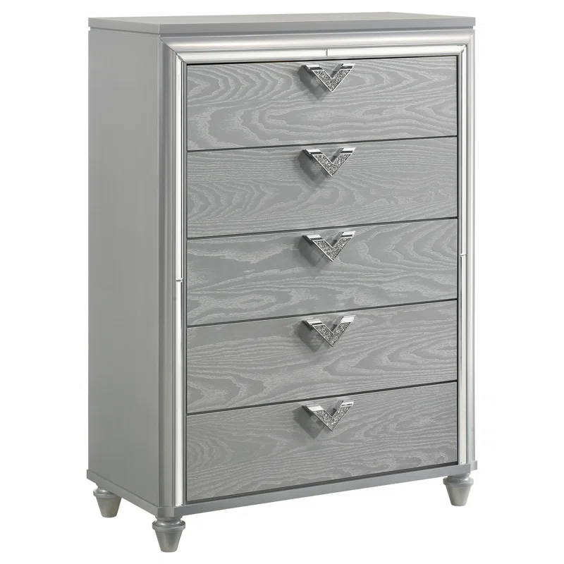Benjara Haley Tall Dresser Chest, V Shaped Glittering Metal Handles, Light Silver