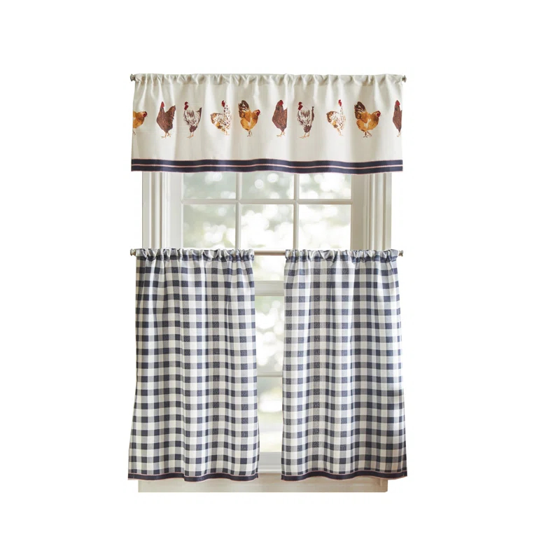 Chickens Light Filtering Rod Pocket Kitchen Curtain Valance and Tiers Set in Navy/White