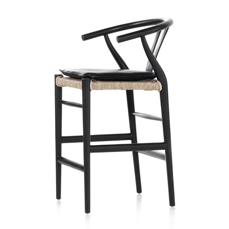 Saddle Style Black Leather Counter Stool with Black Teak Frame