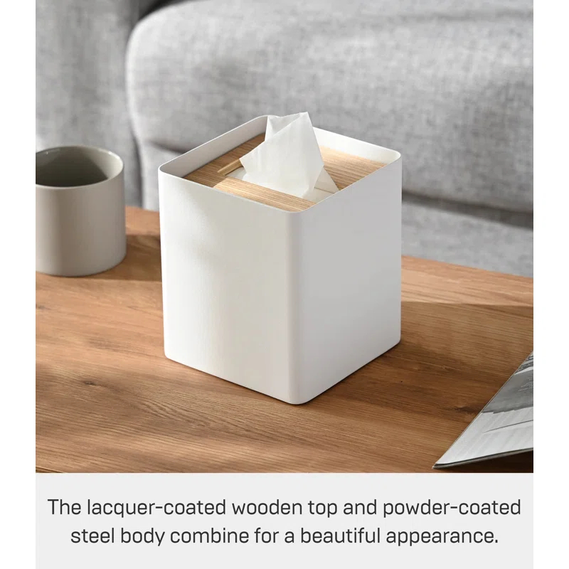 Yamazaki Home Yamazaki Home Square Reusable Tissue Box Cover Metal Container Case With Natural Wooden Lid,, Steel