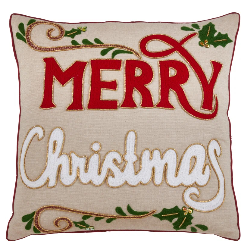 Saro Merry Christmas Design Cotton Throw Pillow
