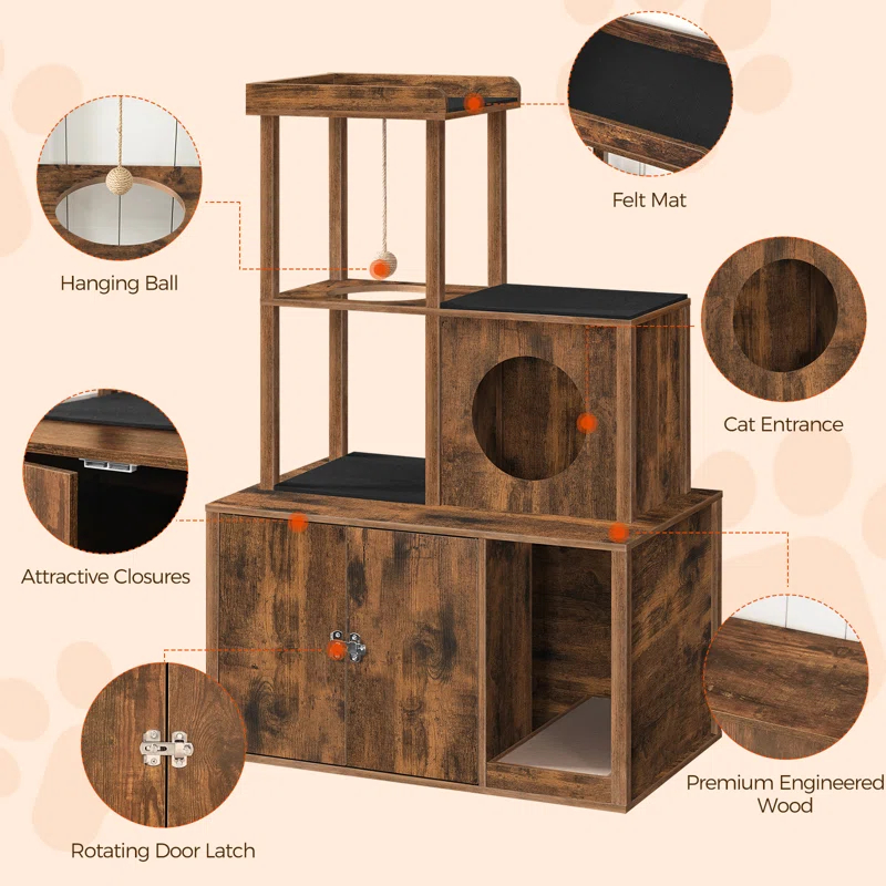 Archie & Oscar™ Cat Tree Hidden Cat Litter Box Furniture With Condo And Plush Ball