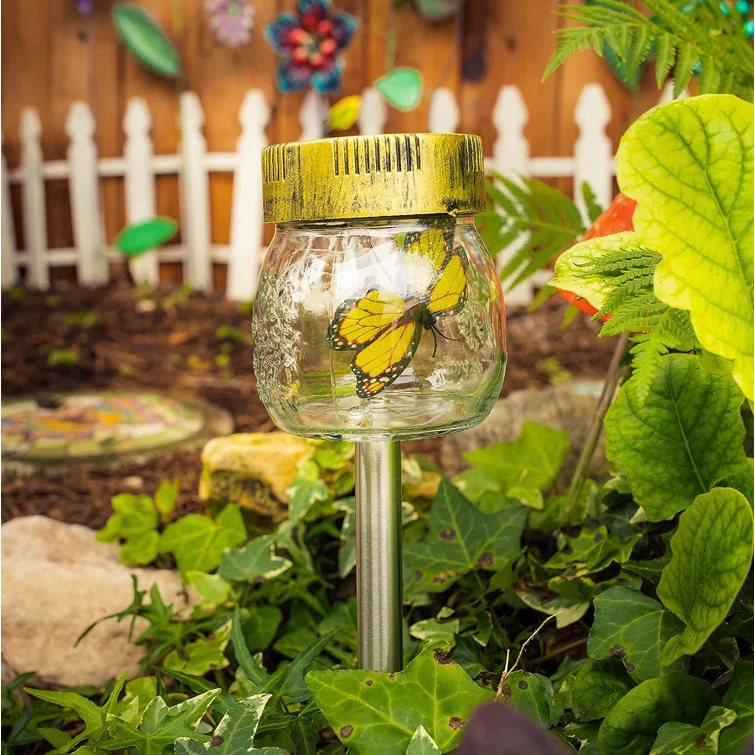 ForeverGiftsInc. Butterfly Jar Black Solar Powered Integrated LED Glass Pathway Light Pack (Set of 3)