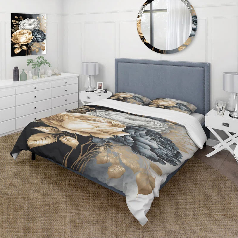 Design Art White, Gold And Black Rose Bouquet I - Floral Rose Duvet Cover Set - Microfiber Polyester